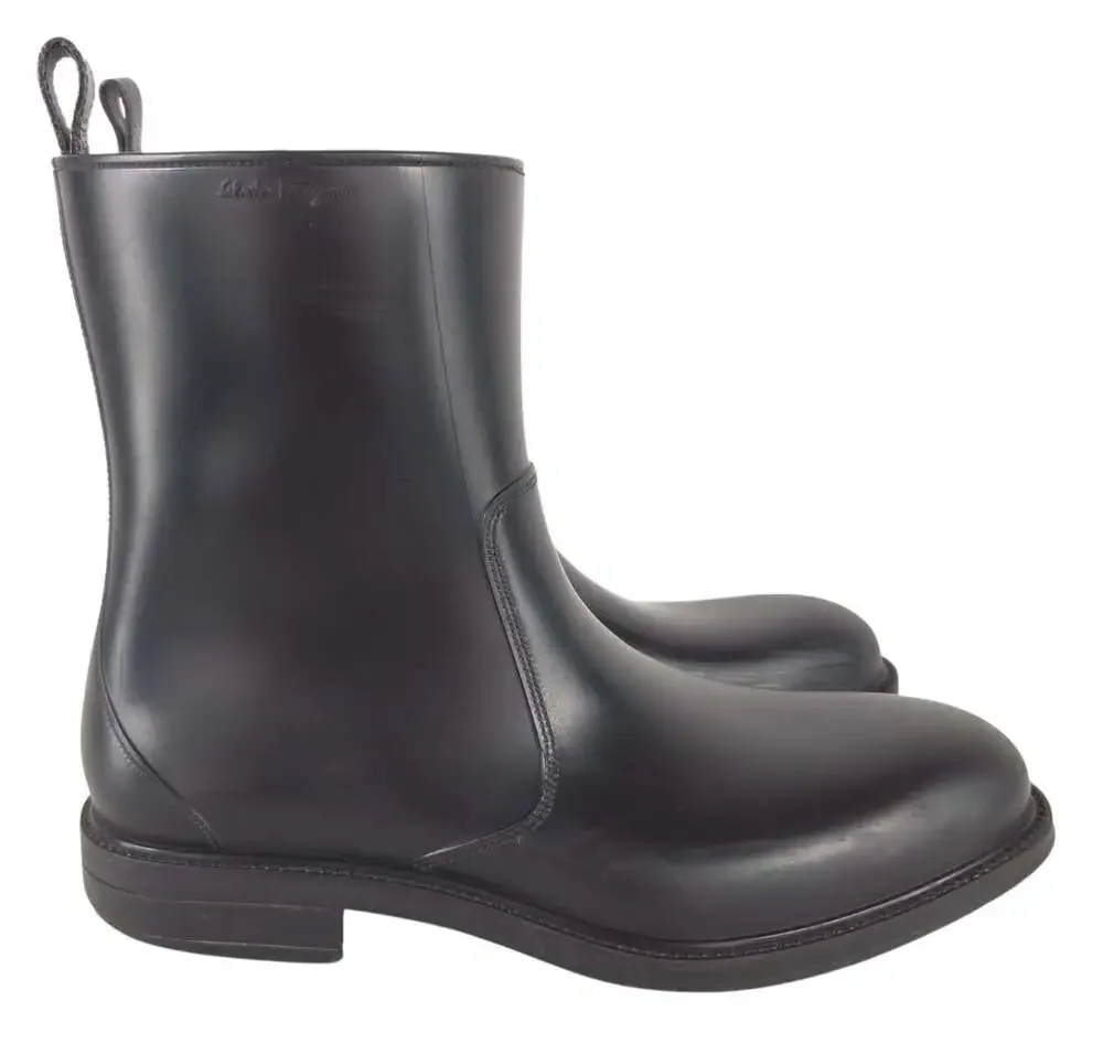 Salvatore Ferragamo Rubber Rain Boots US 8 IT 41 Mens Black Leather Zip $595